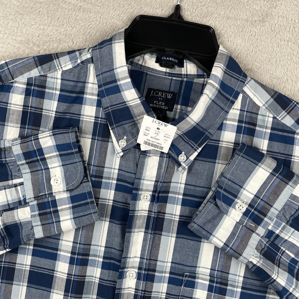 New J Crew Shirt Mens Large Blue Plaid Flex Washed Button Down Western Stretch